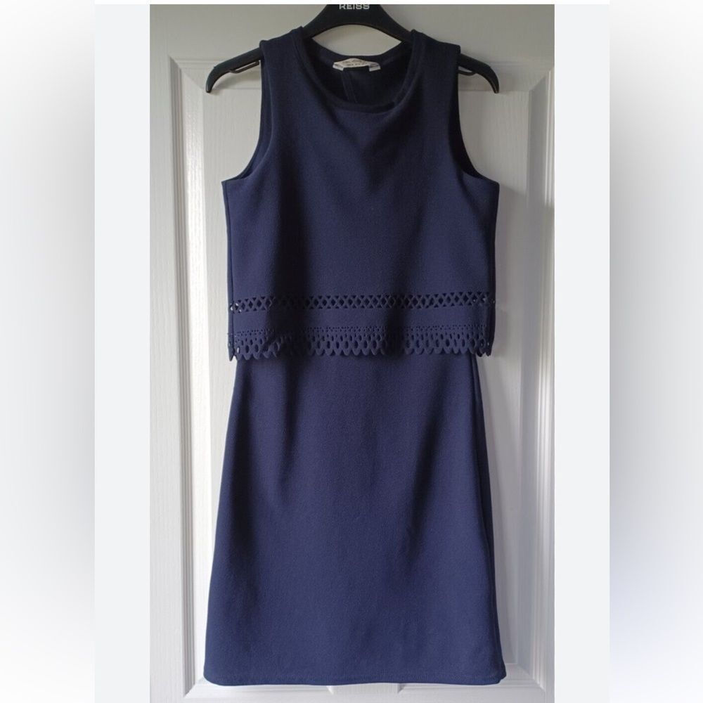 Miss Selfridge Layered Sheath Navy Blue Dress Size 4 Laser Cutout